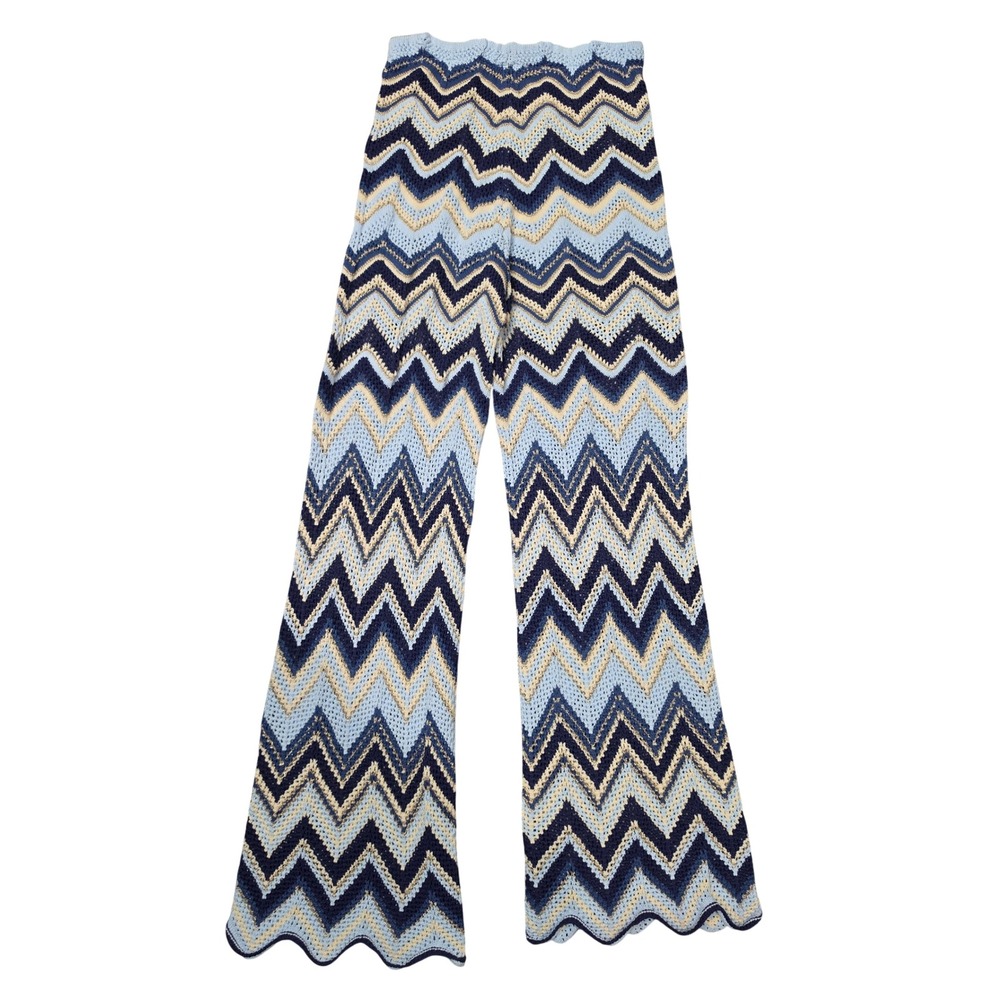 En Creme Women Blue Chevron Zig Zag Knit Wide Leg Boho Pants Small NEW - Picture 2 of 6